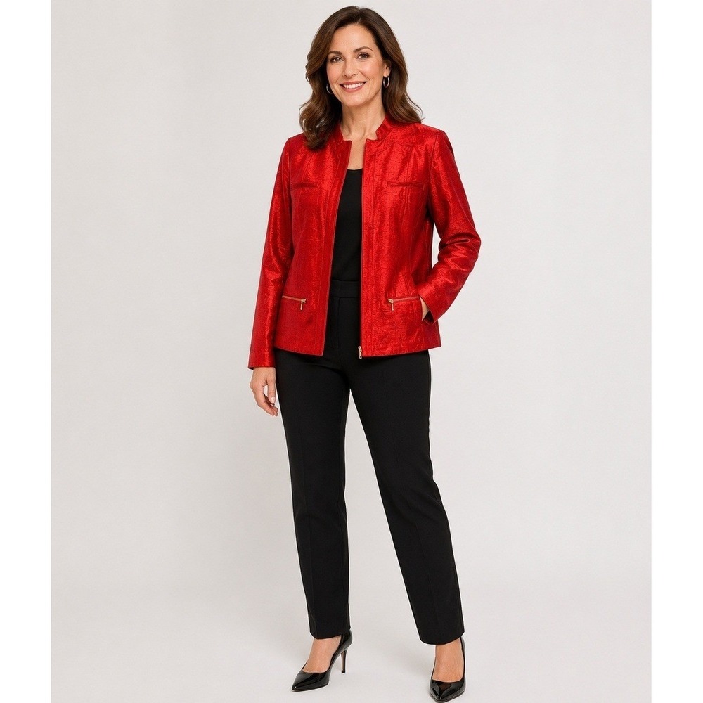 Chico's Open Front Blazer Jacket Womens 2 Red Rayon Polyester Zip Pockets NEW
